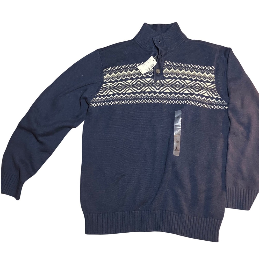 NEW The Childrens Place Boys Navy‎ Fair Isle Knit Mock Neck Sweater  L 10 12 NWT
